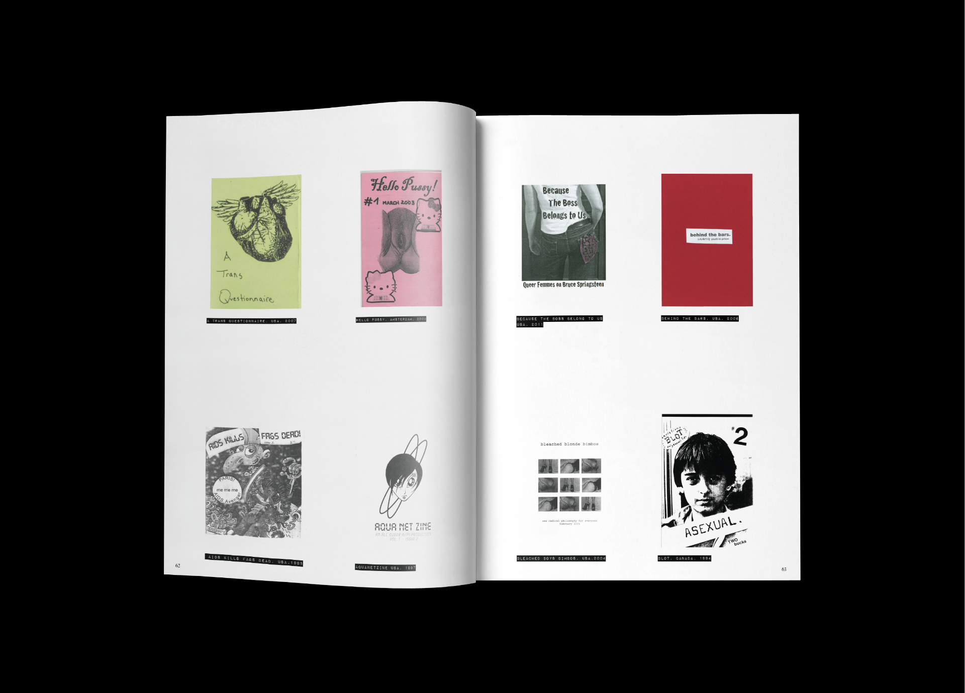 Spread con cataloghi di zine queer storiche statunitensi